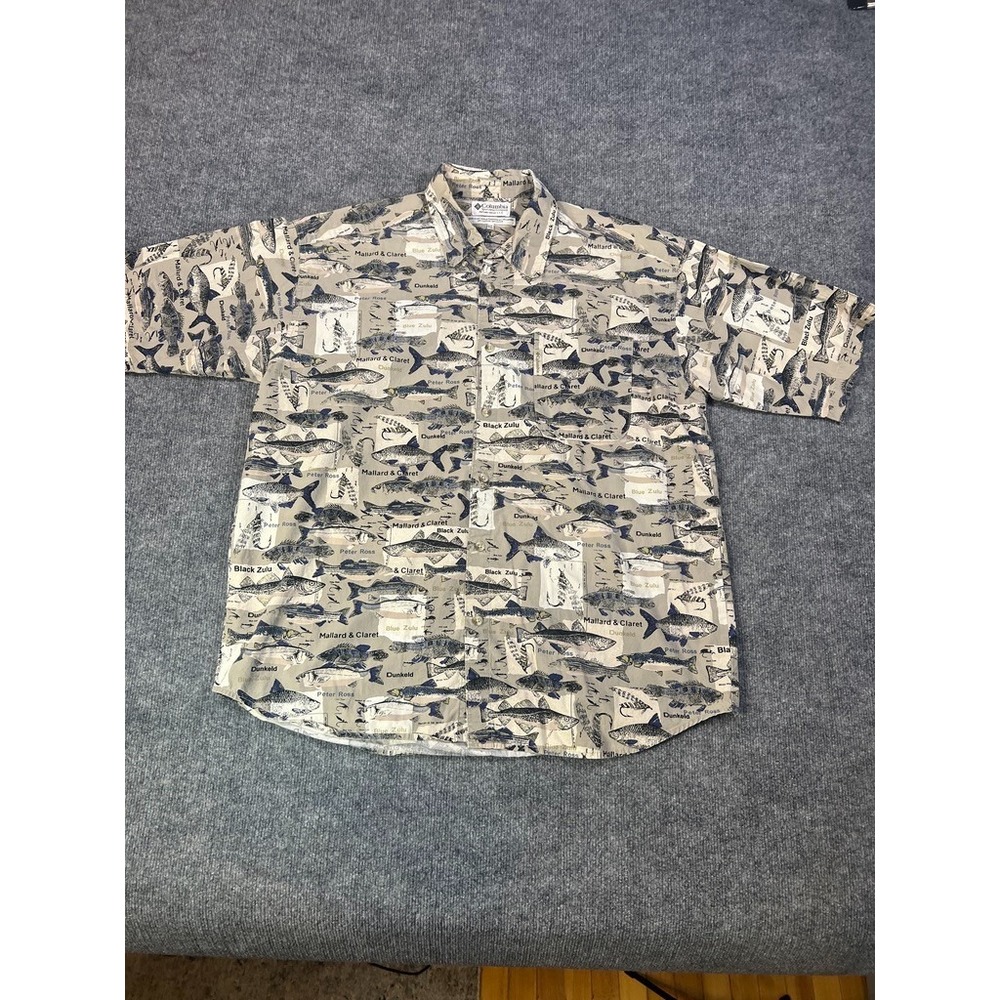 Columbia Mens XL Fish Print Button Up Shirt fly fishing lure gorpcore y2k VTG